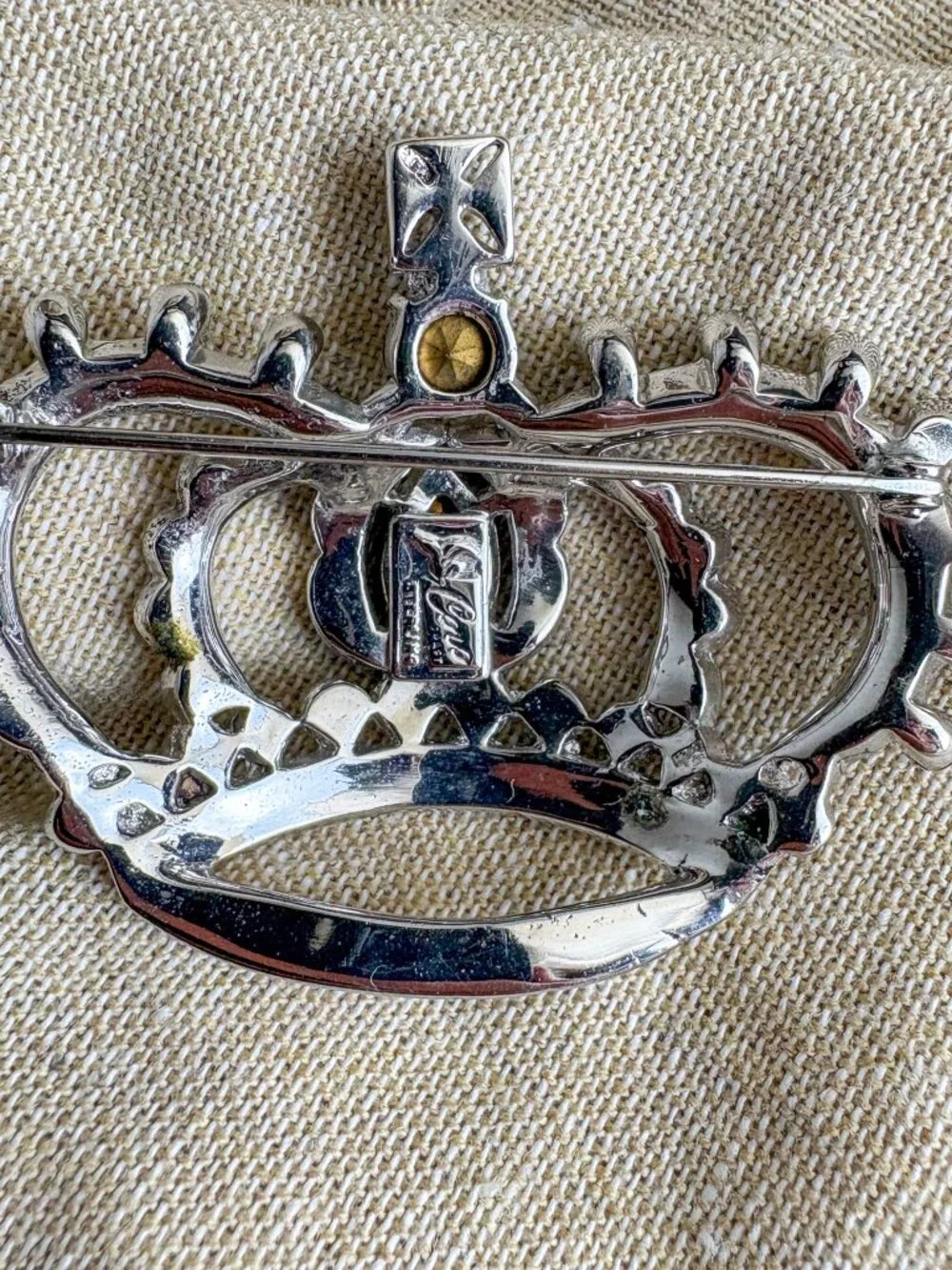 CoroCraft Sterling Crown Brooch - Pegasus Mark, Clear Rhinestones - 1940s Vintag
